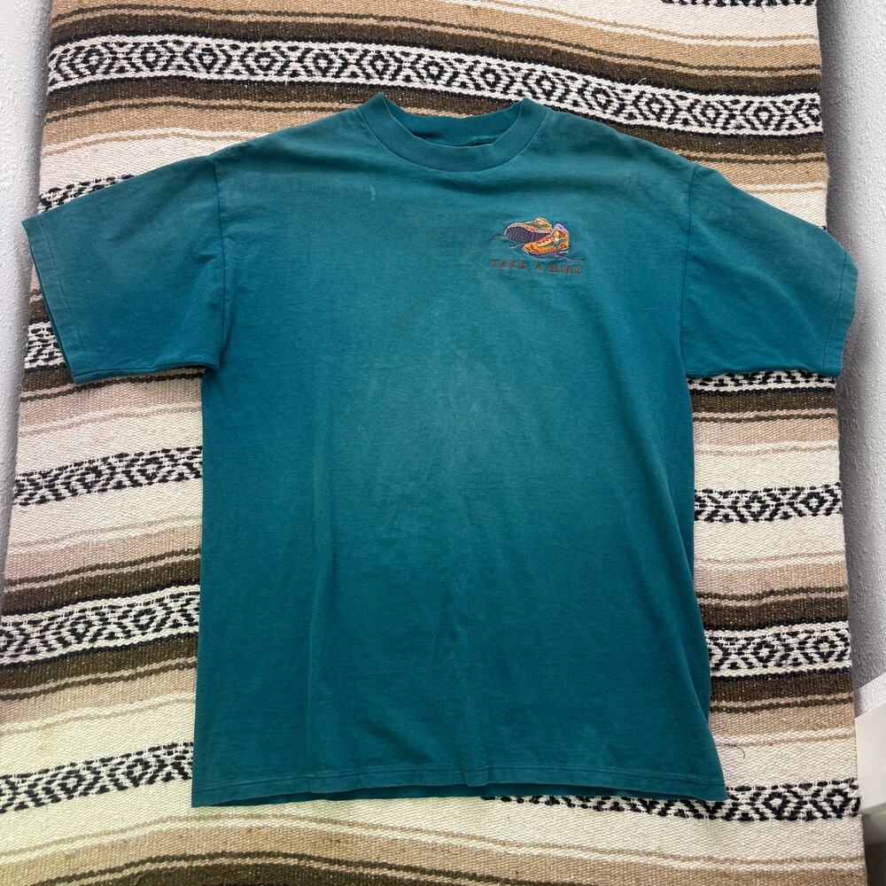 Men's Vintage 90's Habitat Faded Dark Green Take a Hike Outdoors Tee Shirt Sz XL
